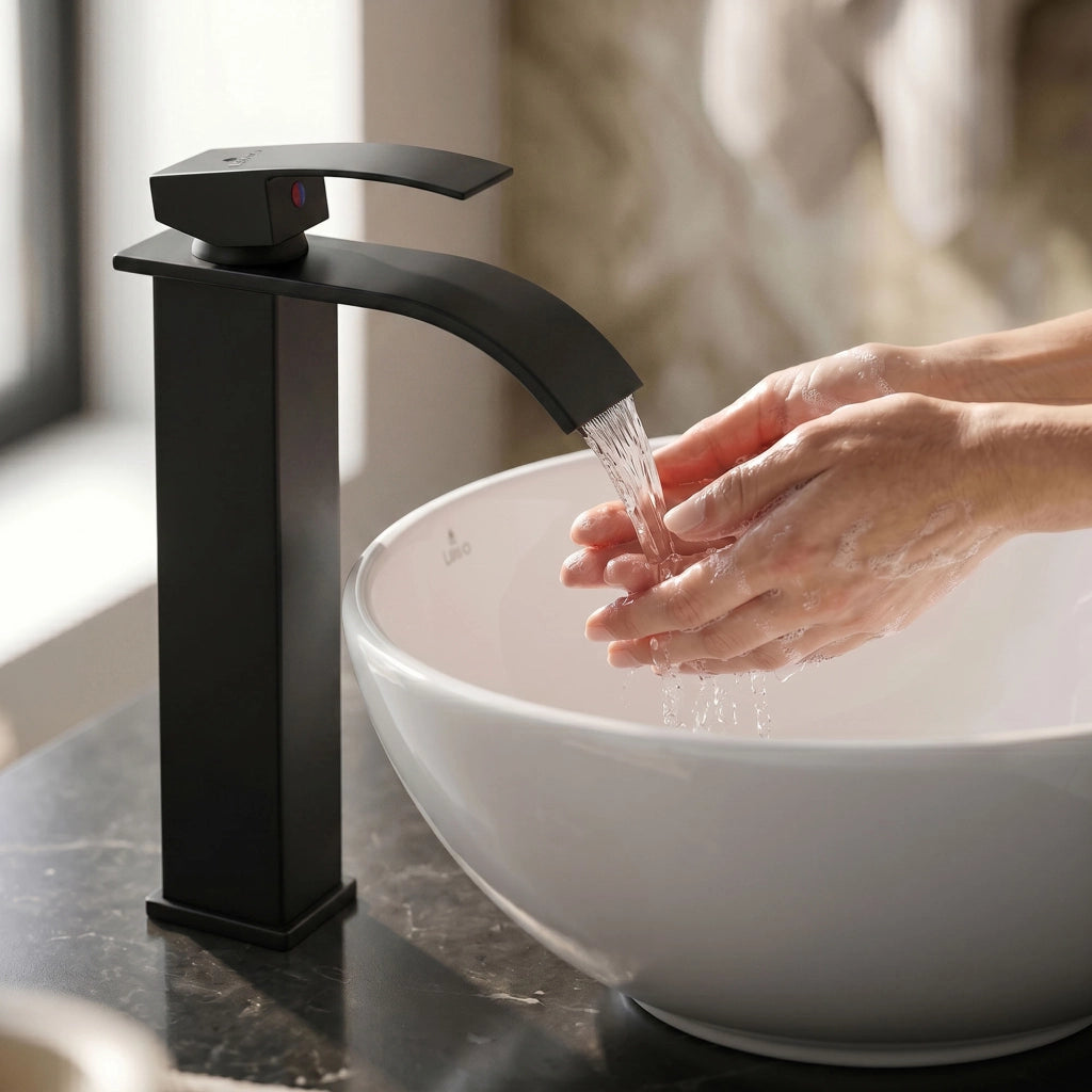 Rubinetto lavabo alto a cascata nero da appoggio miscelatore bagno EVIO