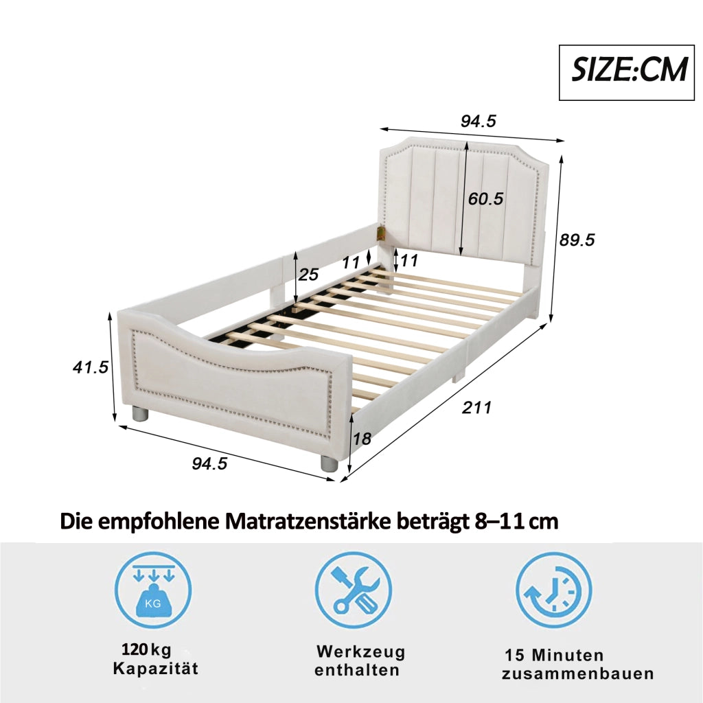 LETTO imbottito per bambini 90x200 cm in flanella beige