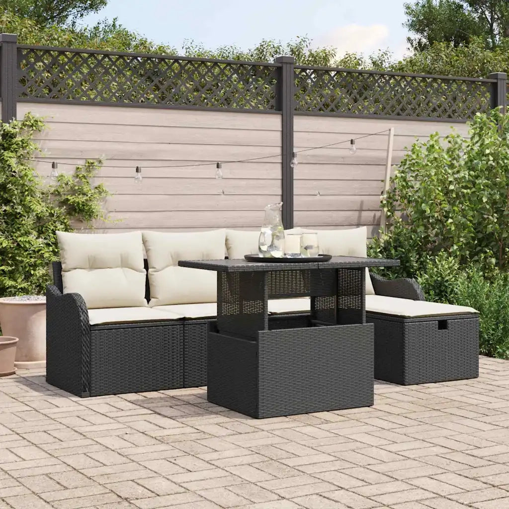 Set Divano da Giardino con cuscino 6 pcs Nero Poly Rattan