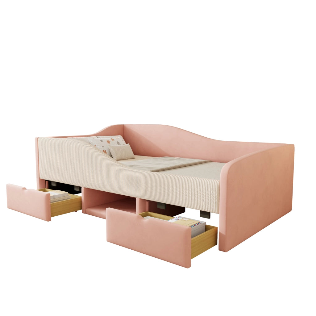 LETTO imbottito 90x190 cm in velluto rosa e bianco con sponde di sicurezza