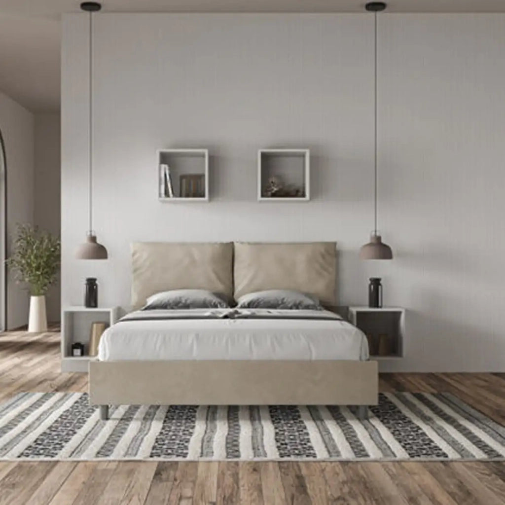 Letto matrimoniale con rete imbottito 160x200 microfibra sabbia Antea