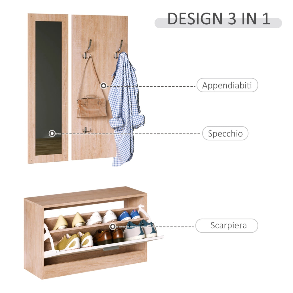 Mobile per Ingresso con Scarpiera, Appendiabiti e Specchio ¨C Minimal ¨C Legno, 80x27x46.5 cm