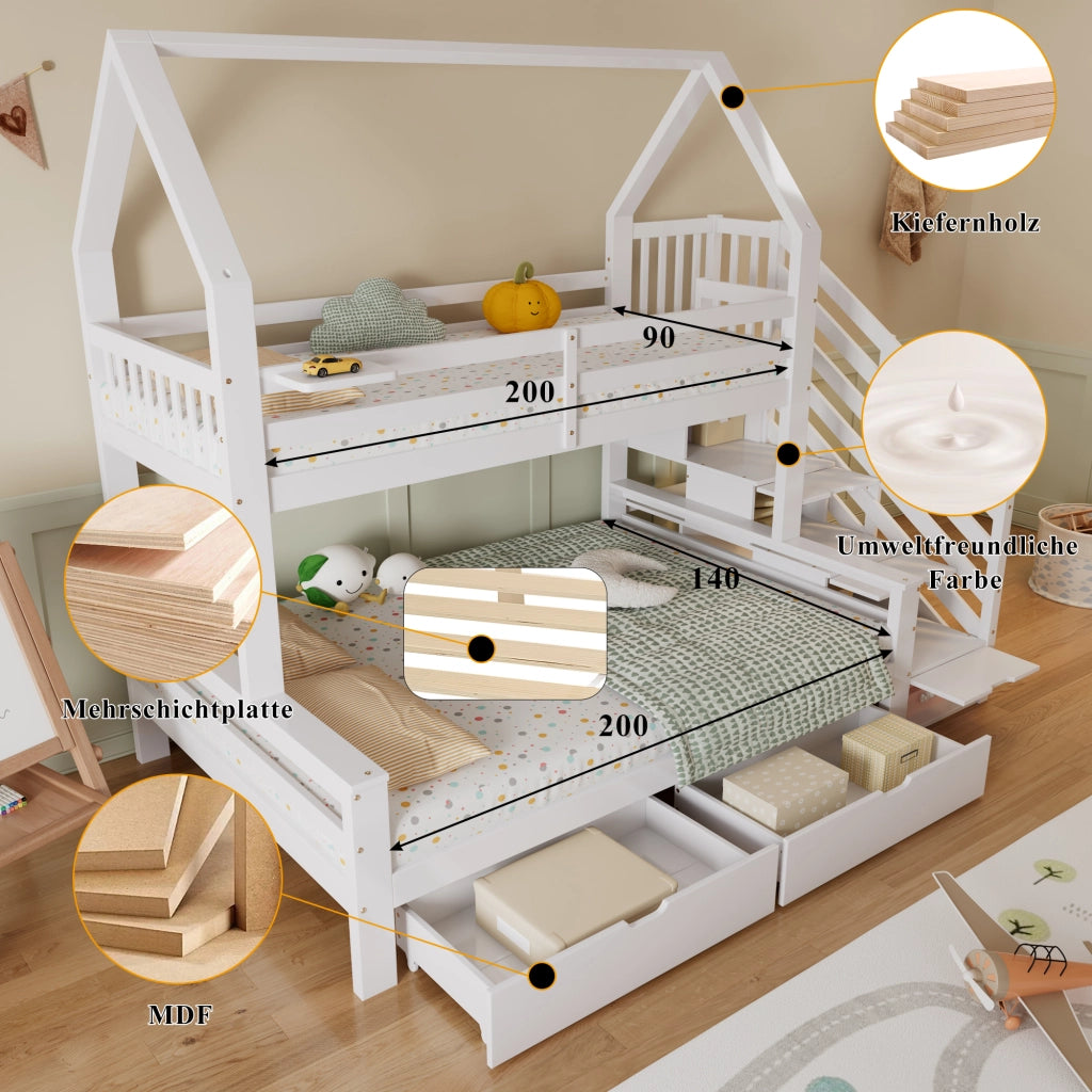 LETTO a castello per bambini 90x200 cm e 140x200 cm Bianco Legno MDF