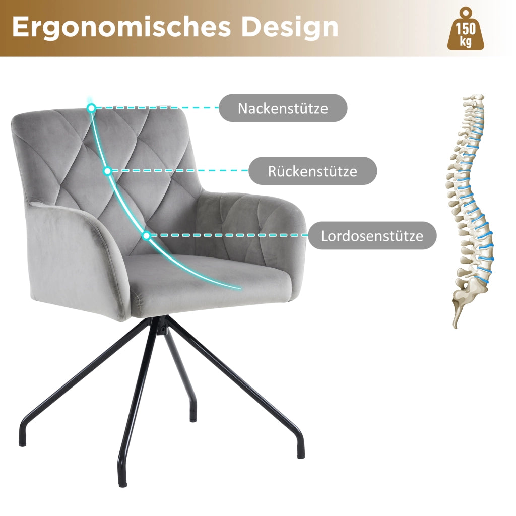 Sedia da Pranzo Set da 2 con Schienale Ergonomico e Braccioli, in Velluto Grigio Chiaro