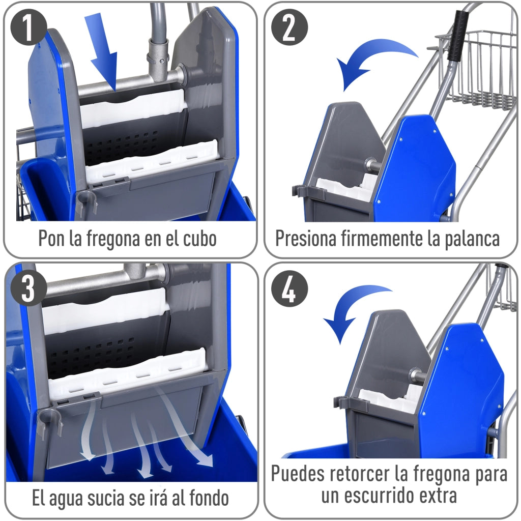 Secchio per Mop 26 L con Sgocciolatoio a Pressione, Ruote e Cestini ¨C Minimal ¨C 73x45x95 cm Blu