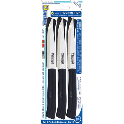 COLTELLO BISTECCA SUPER DE LUCA - MANICO PLT NERO/INOX CM 11 CF=PZ 6- 2 confezioni
