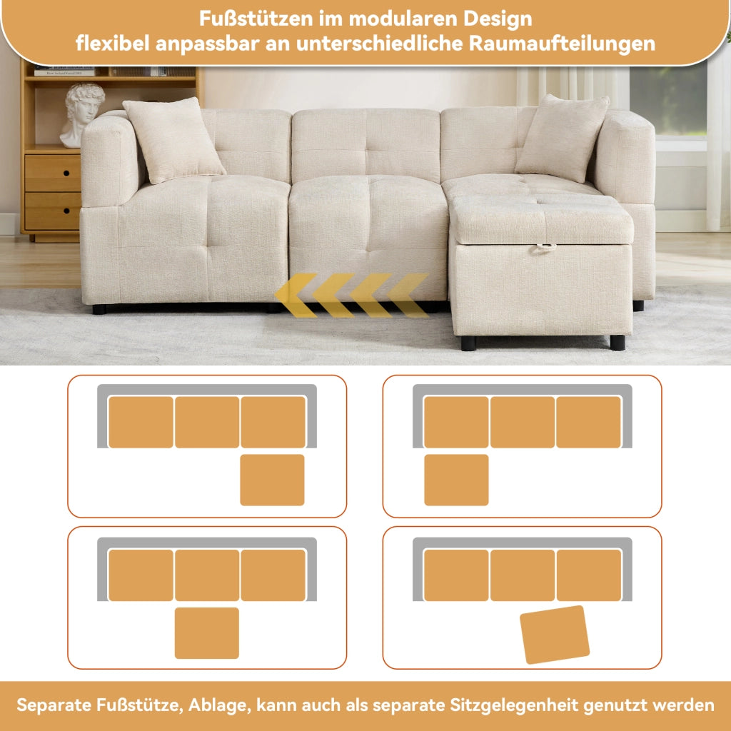 DIVANO MODULARE 3 POSTI 204x126x69 cm Chenille Beige con pouf contenitore e 2 cuscini