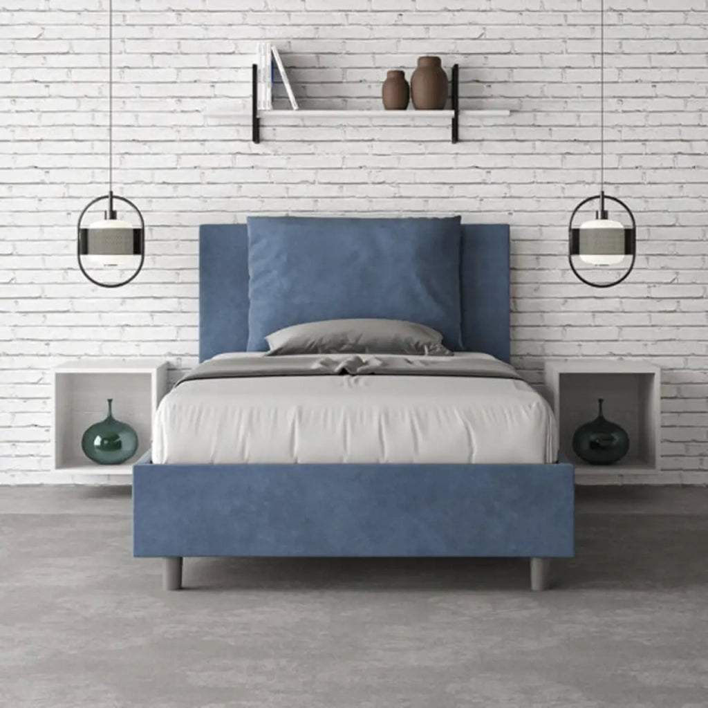 Letto una piazza e mezza con rete imbottito 120x200 microfibra blu Antea
