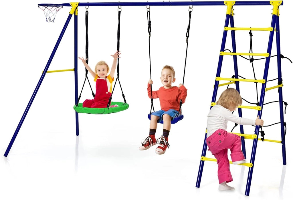 5 in 1 Set Altalena da Giardino per Bambini, con 2 Altalene, 1 Canestro da Basket, 1 Rete di Arrampicata, 1 Scala di Arrampicata, Ideale per Giardino Cordile e Parco Giochi