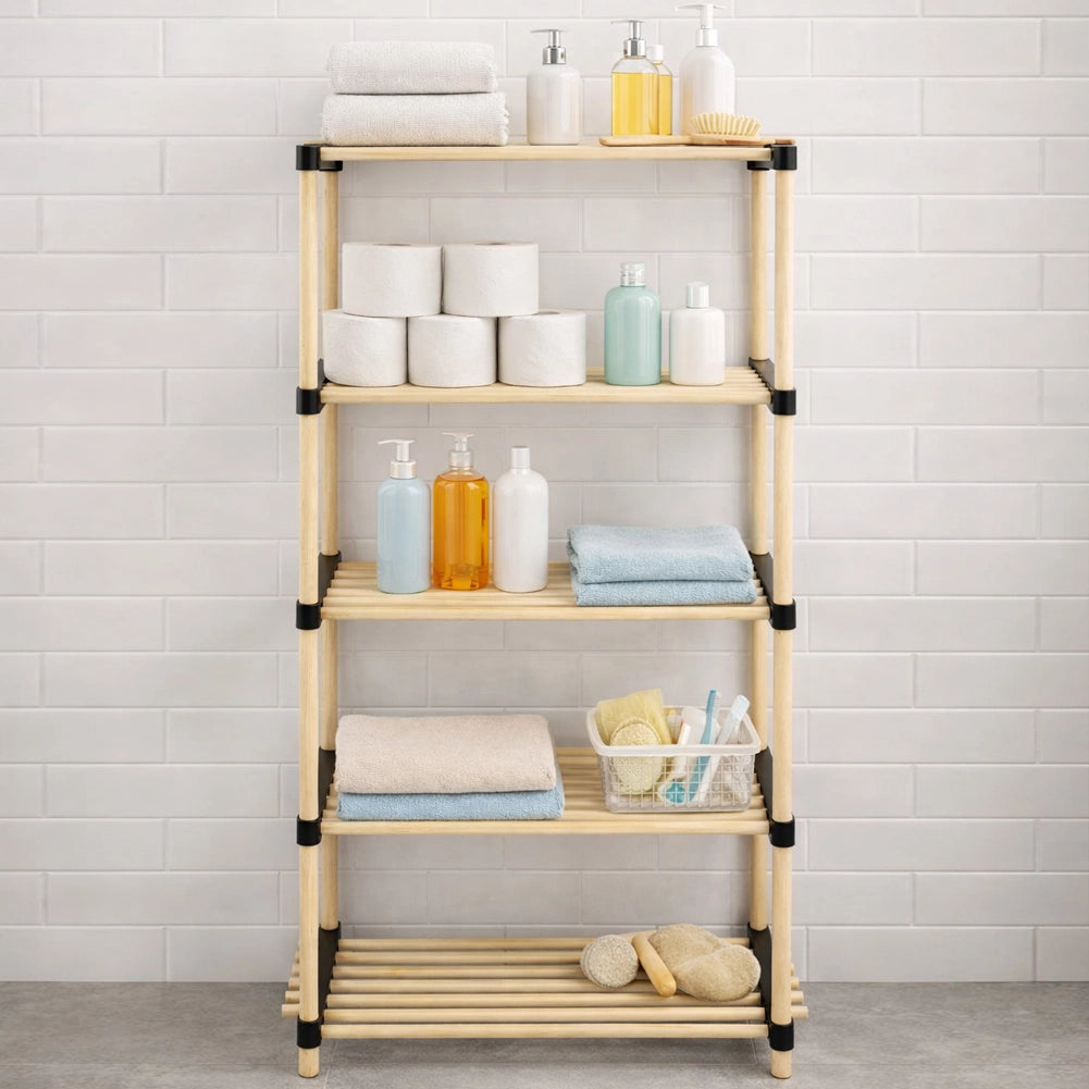 Mobile Scaffale 28x56x117 cm 5 Ripiani Multiuso per Bagno in Legno