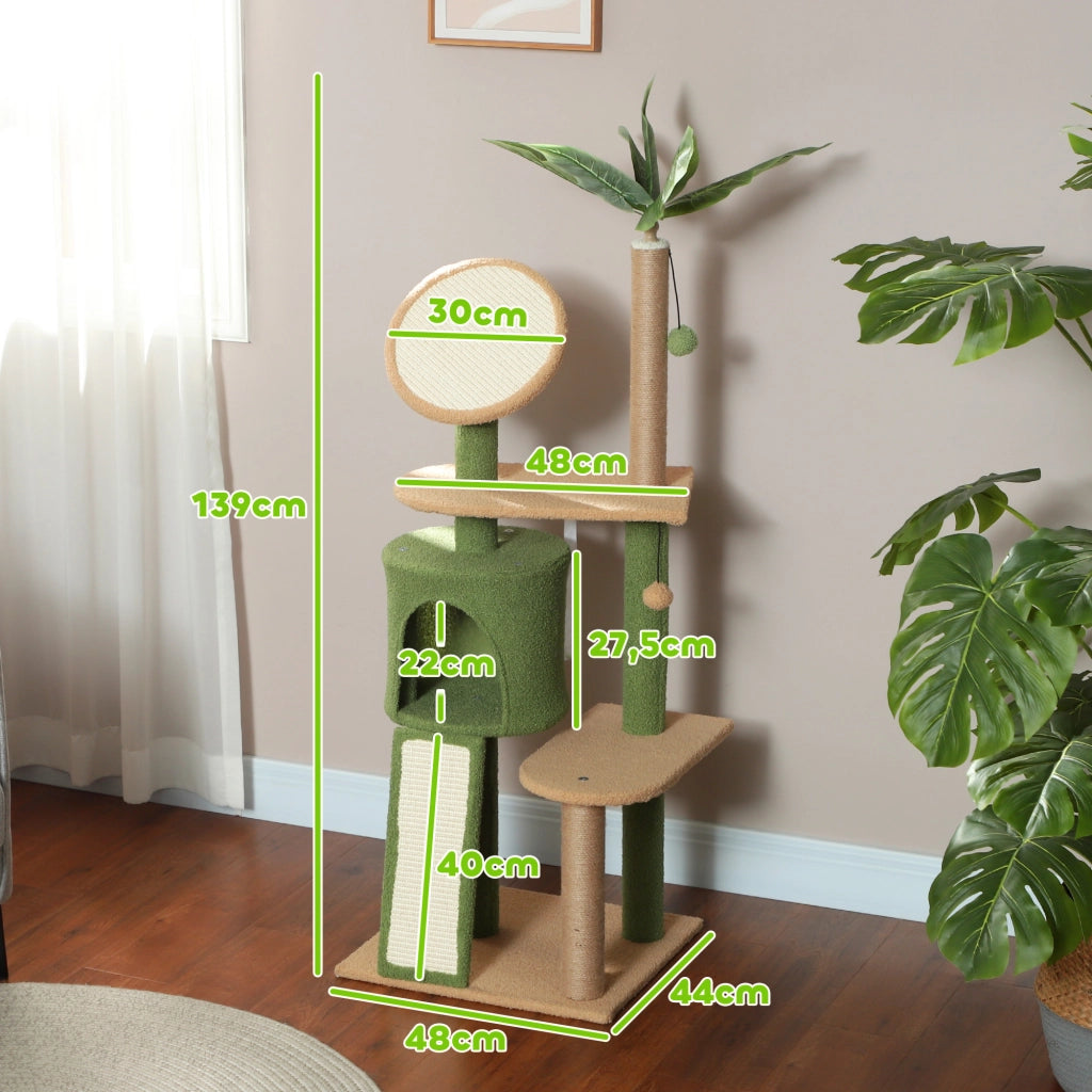 Albero Tiragraffi per Gatti 139 cm con Cuccia, Palline e Piattaforme, Verde