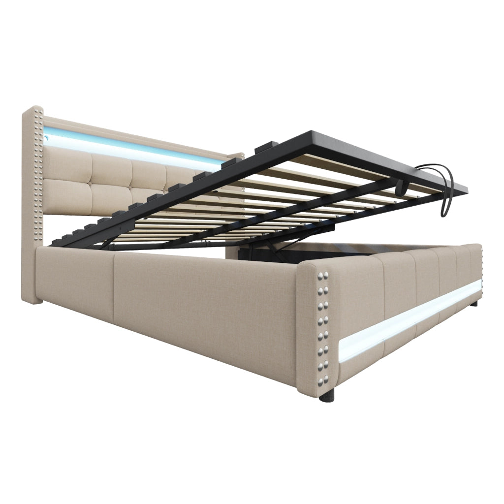 LETTO Imbottito 180x200 cm Beige con LED, USB e contenitore