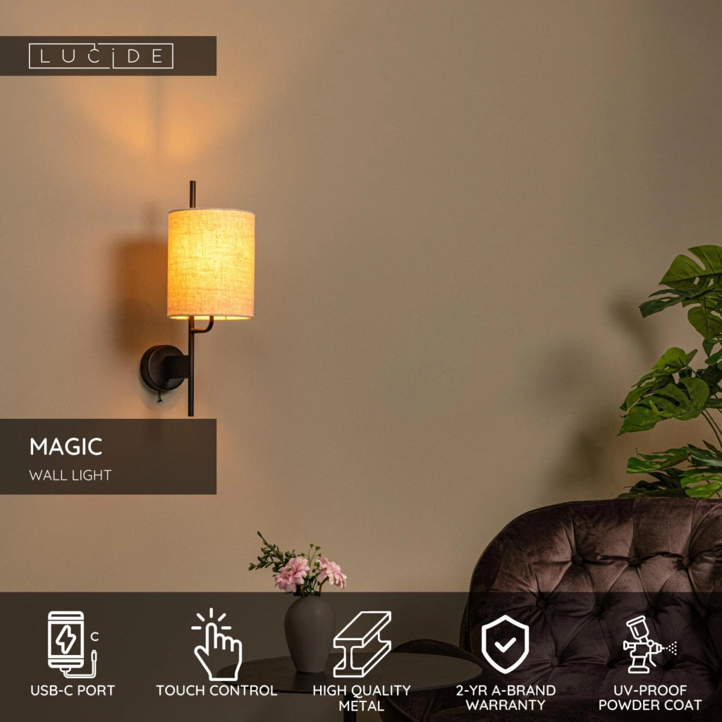 Applique boho MAGIC USB-C 1xE27 nero crema lino Lucide