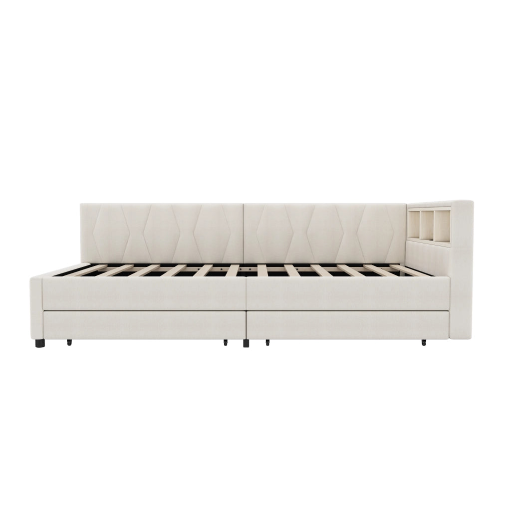 Daybed 90x200 cm in lino e MDF, con LED, USB+Type C, 2 cassetti e vani contenitore