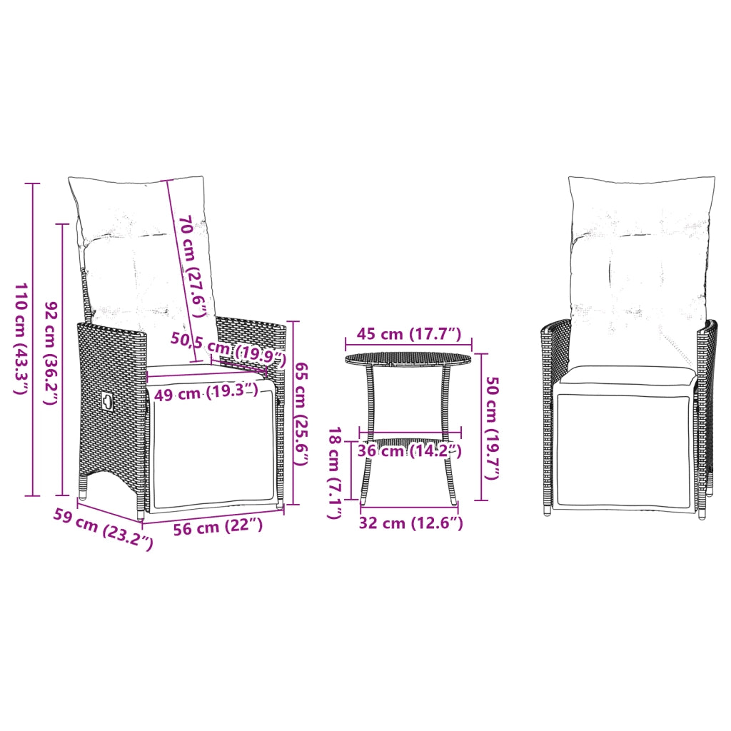 Set da Bistrò 3 pz con Cuscini Grigio in Polyrattan 365675