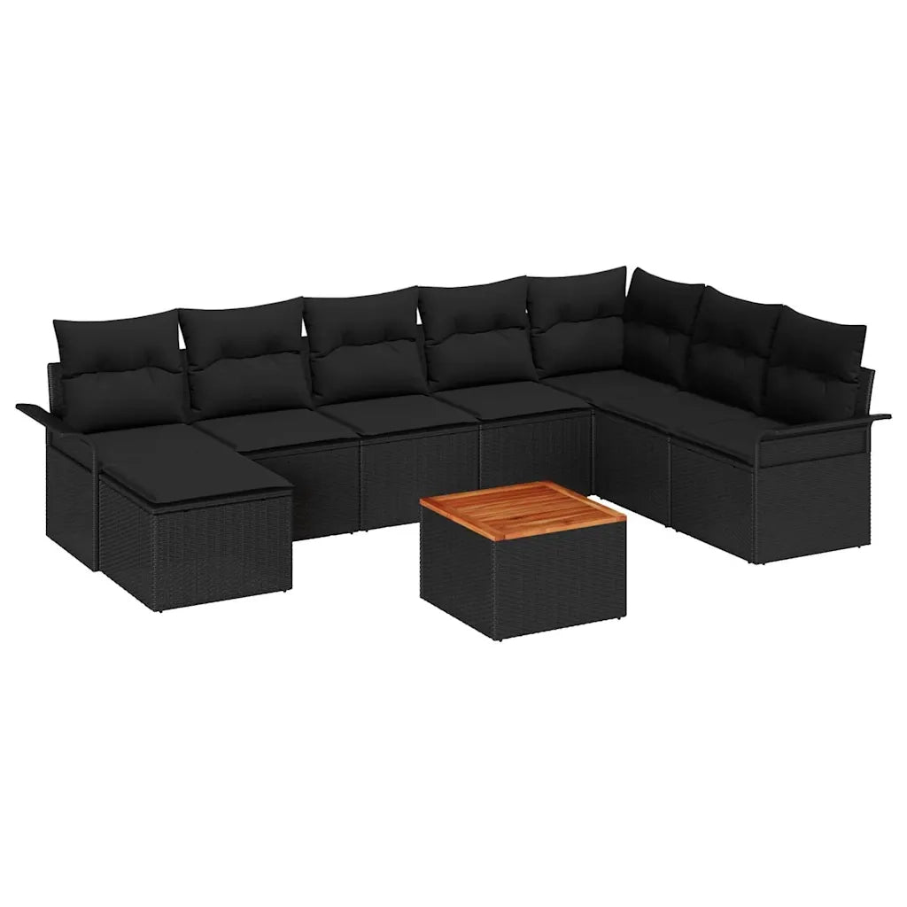 Set Divano da Giardino con cuscino 9 pcs Nero polyrattan