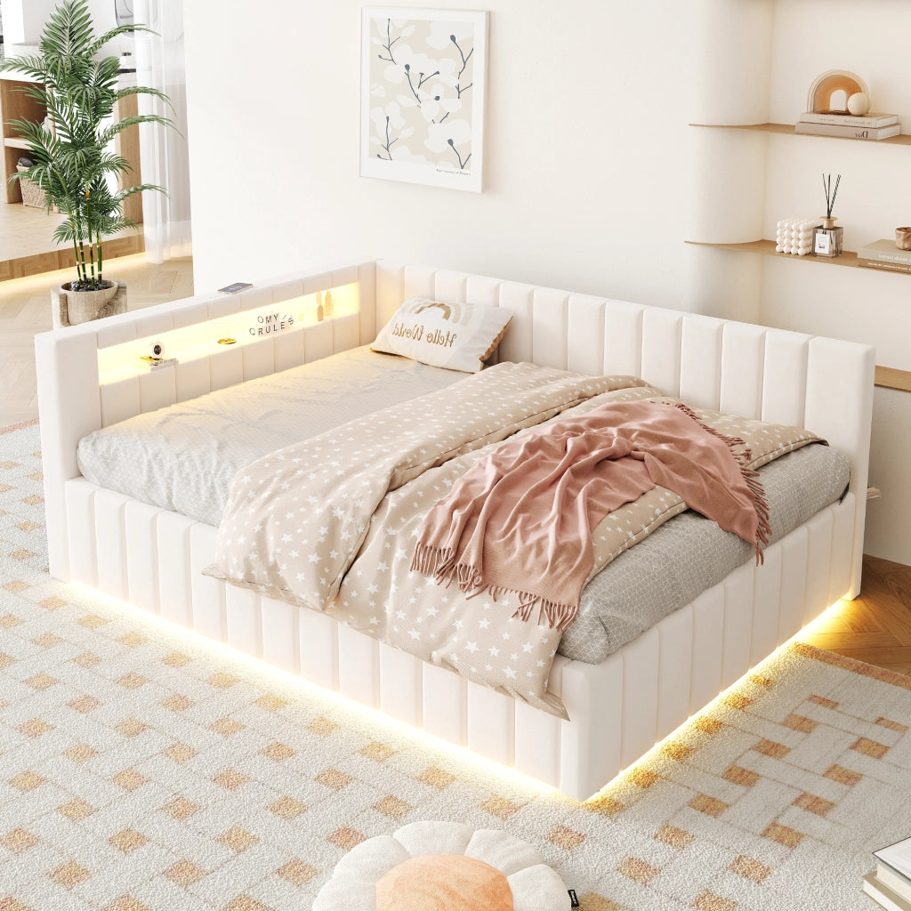 LETTO Contenitore 140x200 cm Imbottito Beige con LED, USB e Schienale