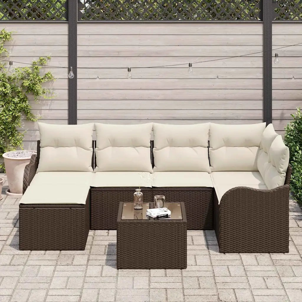 Set Divano da Giardino 7 pcs Marrone e bianco Poly Rattan