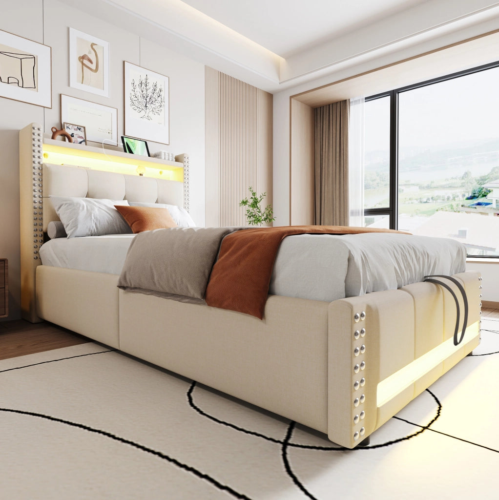Letto singolo imbottito 90x200 cm con LED, USB e vano contenitore