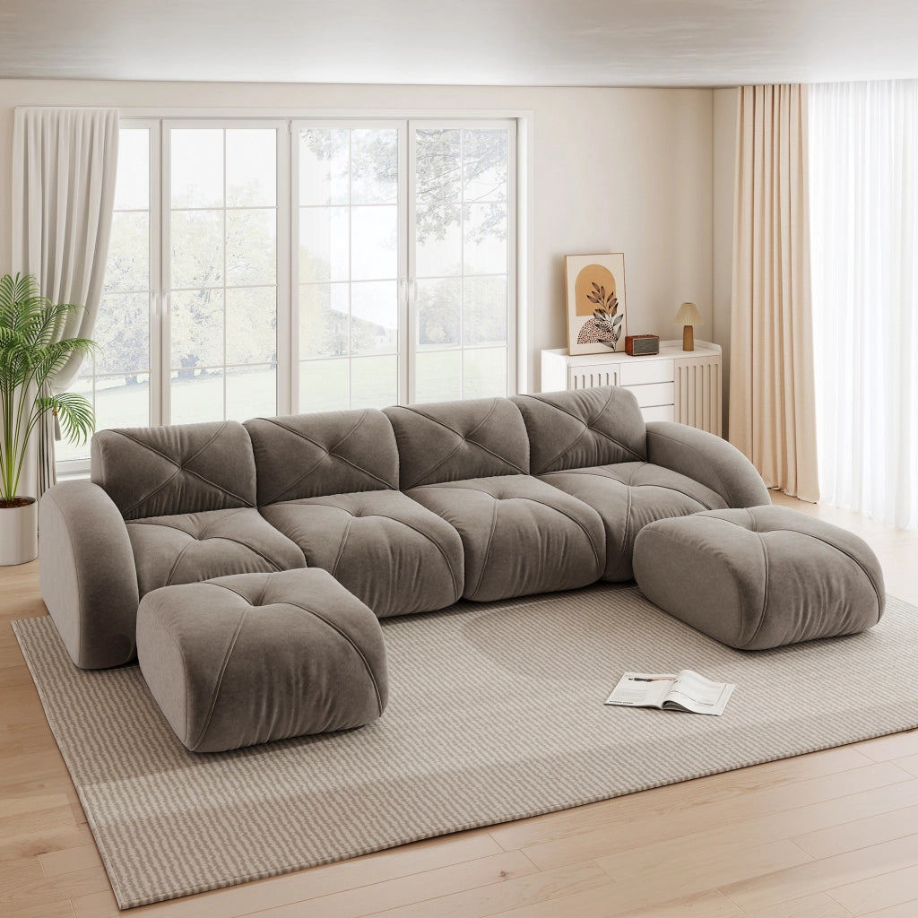 Divano modulare a U - Zephmum- 4 posti, 2 pouf, tessuto comodo, antiscivolo, marrone
