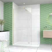 Box Doccia Walk In 85x200 cm Parete Fissa Vetro 8 mm Trasparente Anticalcare Oro Spazzolato Barra Stabilizzatrice 140 cm
