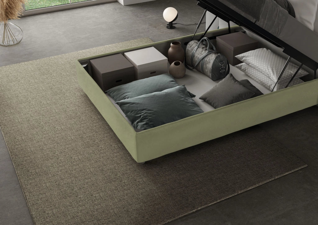 BS COM Letto matrimoniale francese contenitore imbottito 140x190 microfibra tè verde Large