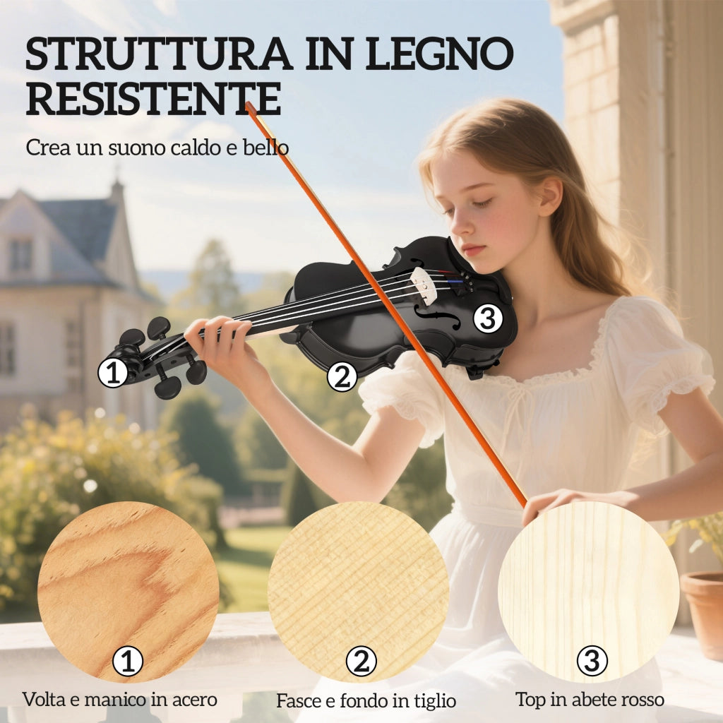 Violino Legno di Abete Acero ¨C Minimal ¨C Nero con Custodia Arco Spalliera Pece