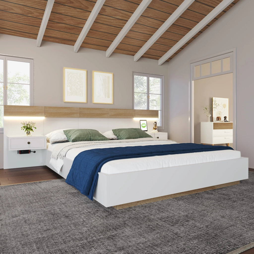 LETTO 140x200 cm con 2 comodini LED, USB/Tipo C, Bianco e Rovere Sonoma
