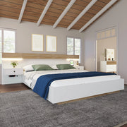 LETTO 140x200 cm con 2 comodini LED, USB/Tipo C, Bianco e Rovere Sonoma