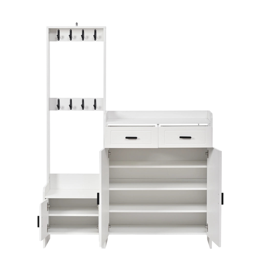 Combinazione di mobile da ingresso, appendiabiti e scarpiera, 2 cassetti, 8 ganci, 125 x 36 x 165 cm, bianco