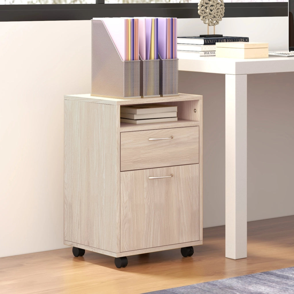 Cassettiera per Ufficio con Ripiano Aperto e 2 Cassetti ¨C Minimal ¨C Legno Rovere e Metallo, 40x35x60 cm