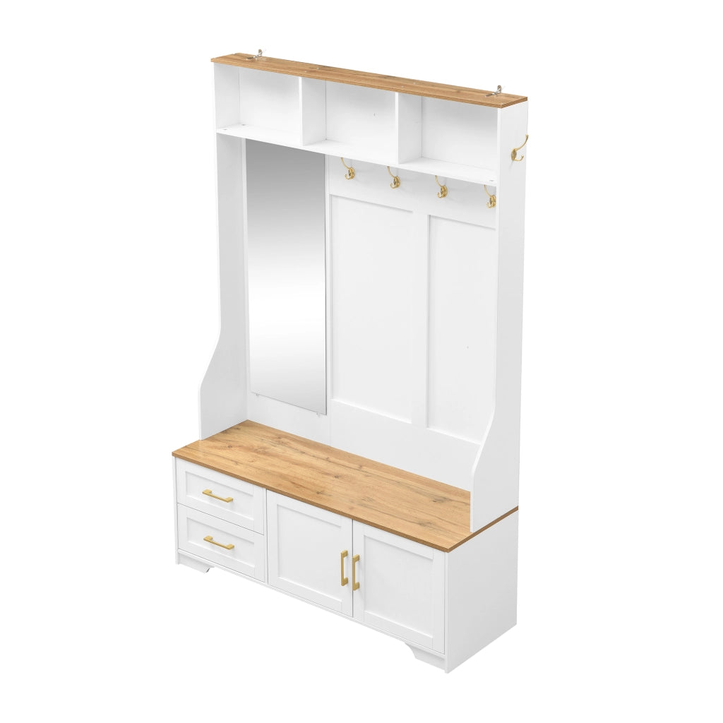 Armadio guardaroba da ingresso con scarpiera, specchio, LED, ganci e cassetti 120x40x187 cm bianco effetto legno