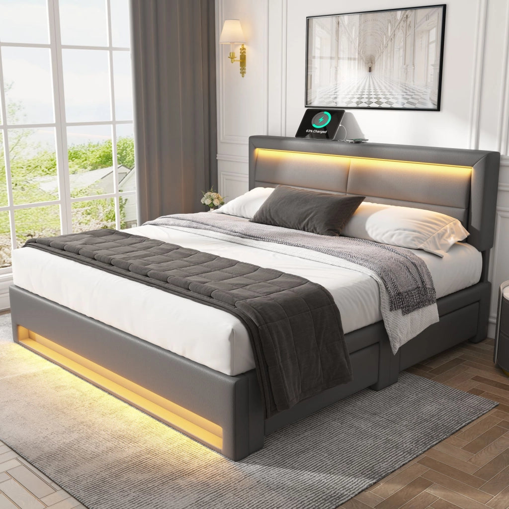 LETTO imbottito 140x200 cm PU grigio con USB, LED e 4 cassetti