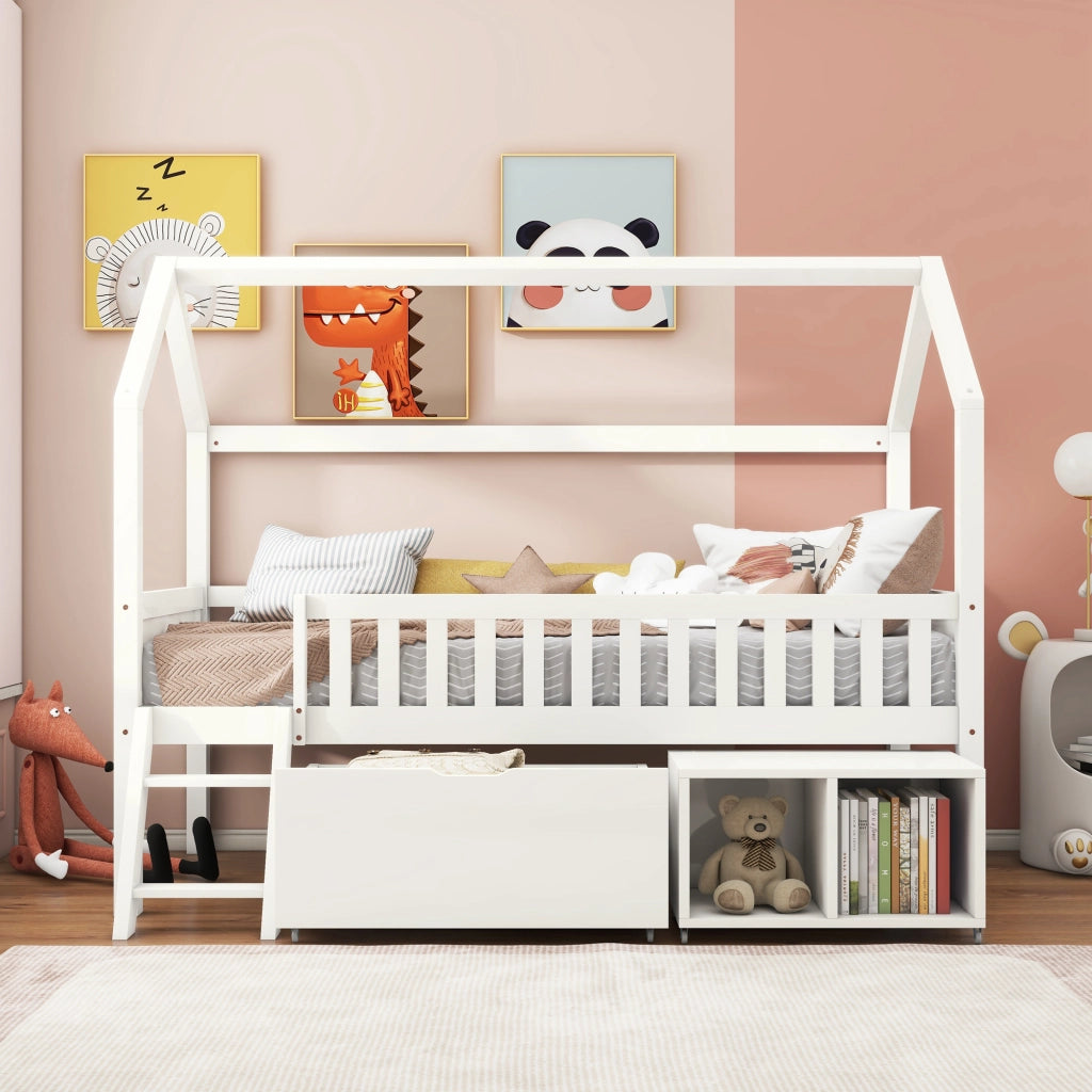 Letto a casetta per bambini 90x200 cm con cassetti, scala laterale e sponde di sicurezza, bianco