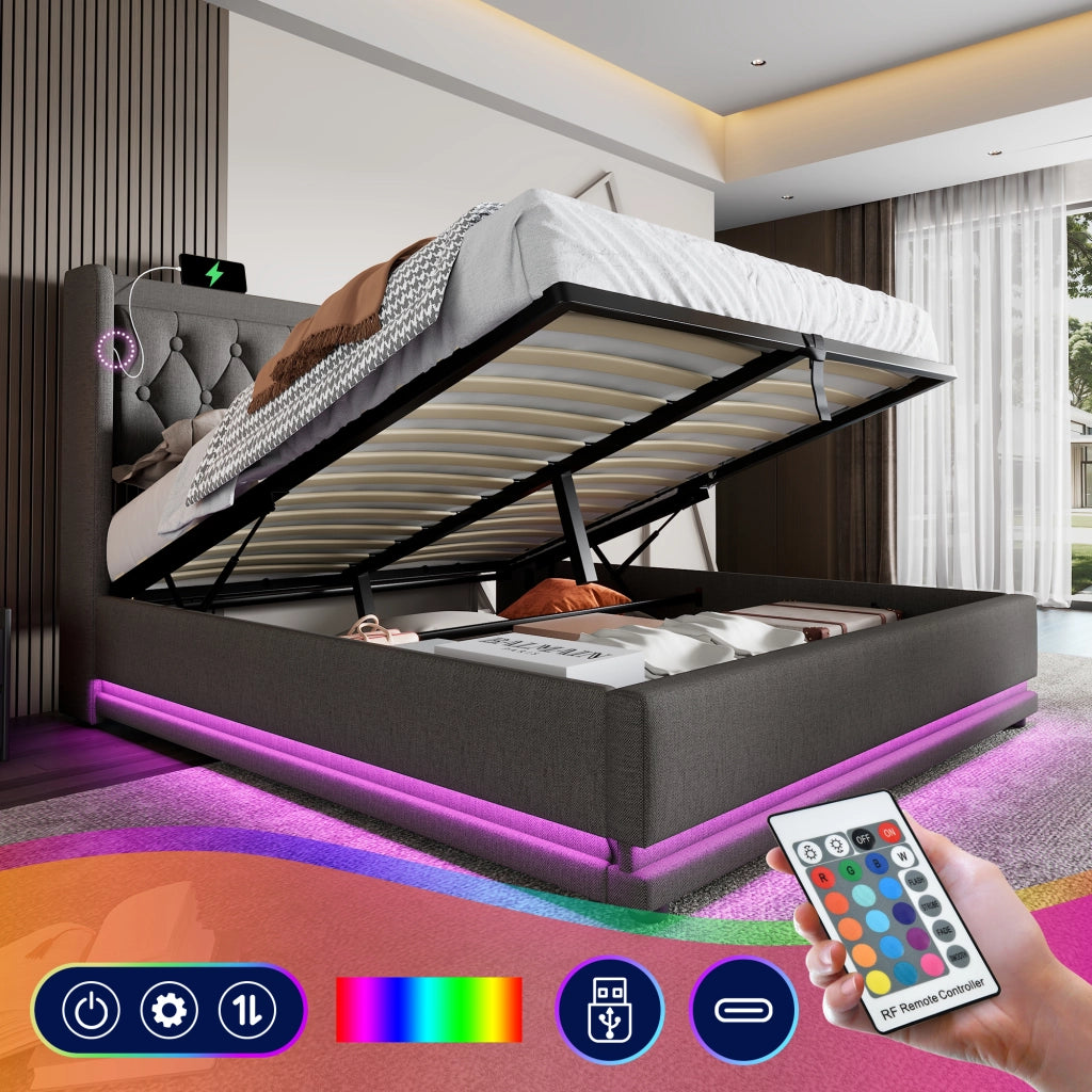 LETTO contenitore 140x200 cm grigio cotone con materasso, USB Type-C e LED