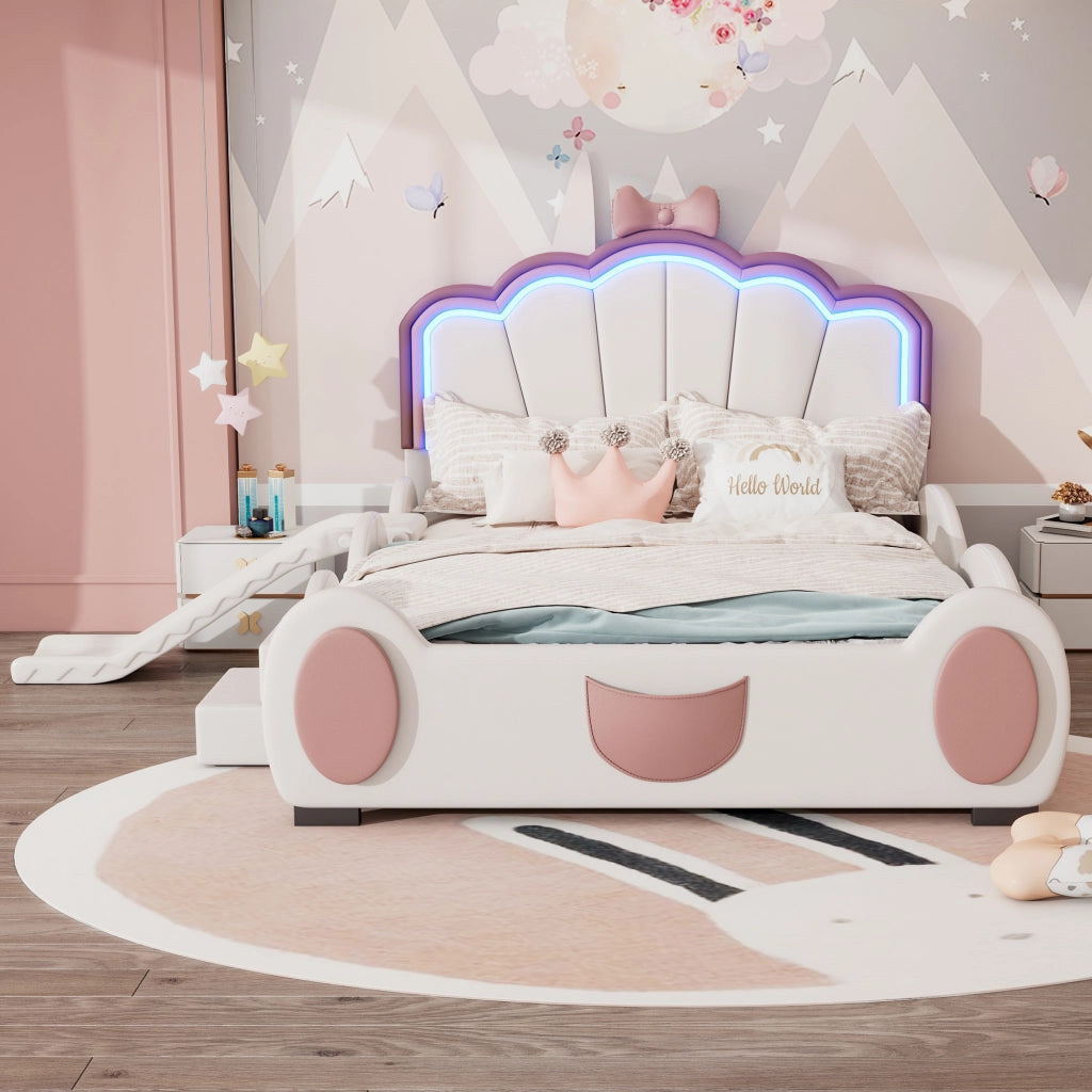 LETTO per bambini 140x200 cm a farfalla con LED, scivolo e scala, PU rosa e bianco