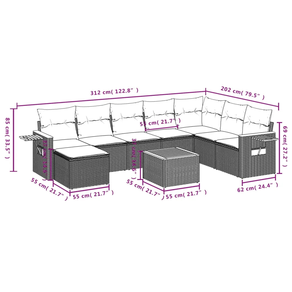Set Divani da Giardino 9 pz con Cuscini Nero in Polyrattan 3259494