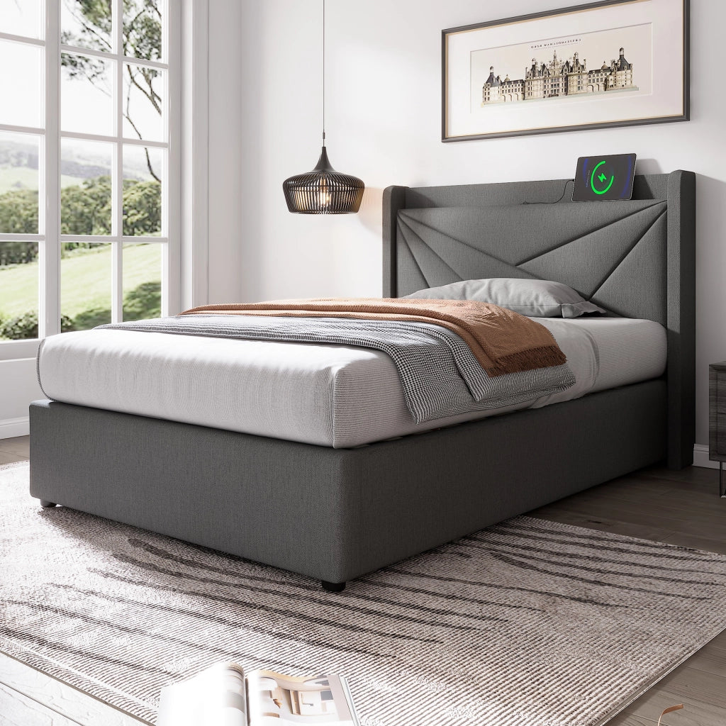 LETTO Contenitore 90x200 cm Grigio in cotone e lino con USB e Type-C