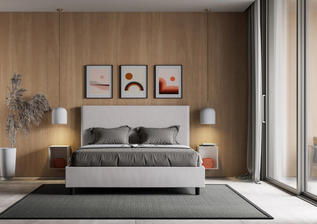 BS COM Letto matrimoniale francese con rete imbottito 140x210 similpelle bianco