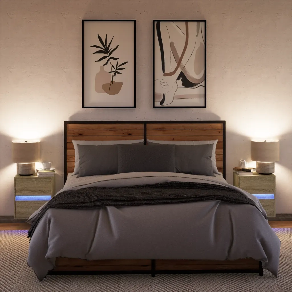 Comodini a Parete con luci LED 2 pz Rovere Sonoma 3307966