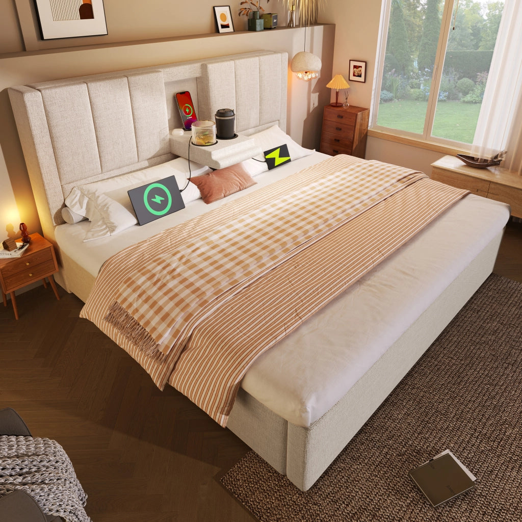 LETTO Contenitore 160x200 cm in lino beige con USB e portabicchieri