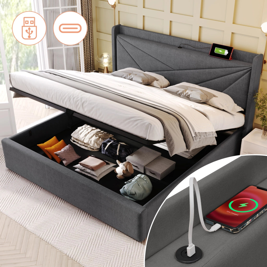 LETTO Contenitore 180x200 cm Grigio in cotone-lino con testiera e USB Type-C