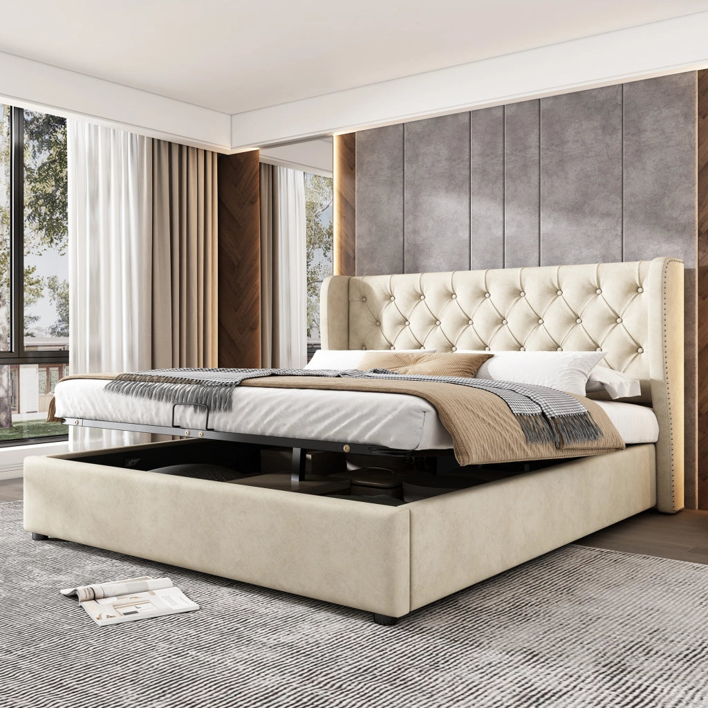 OKWISH Letto Contenitore 140×190 cm, Letto Matrimoniale con Testiera Imbottita, Vano Contenitore e Borchie, senza Materasso, Velluto, Beige