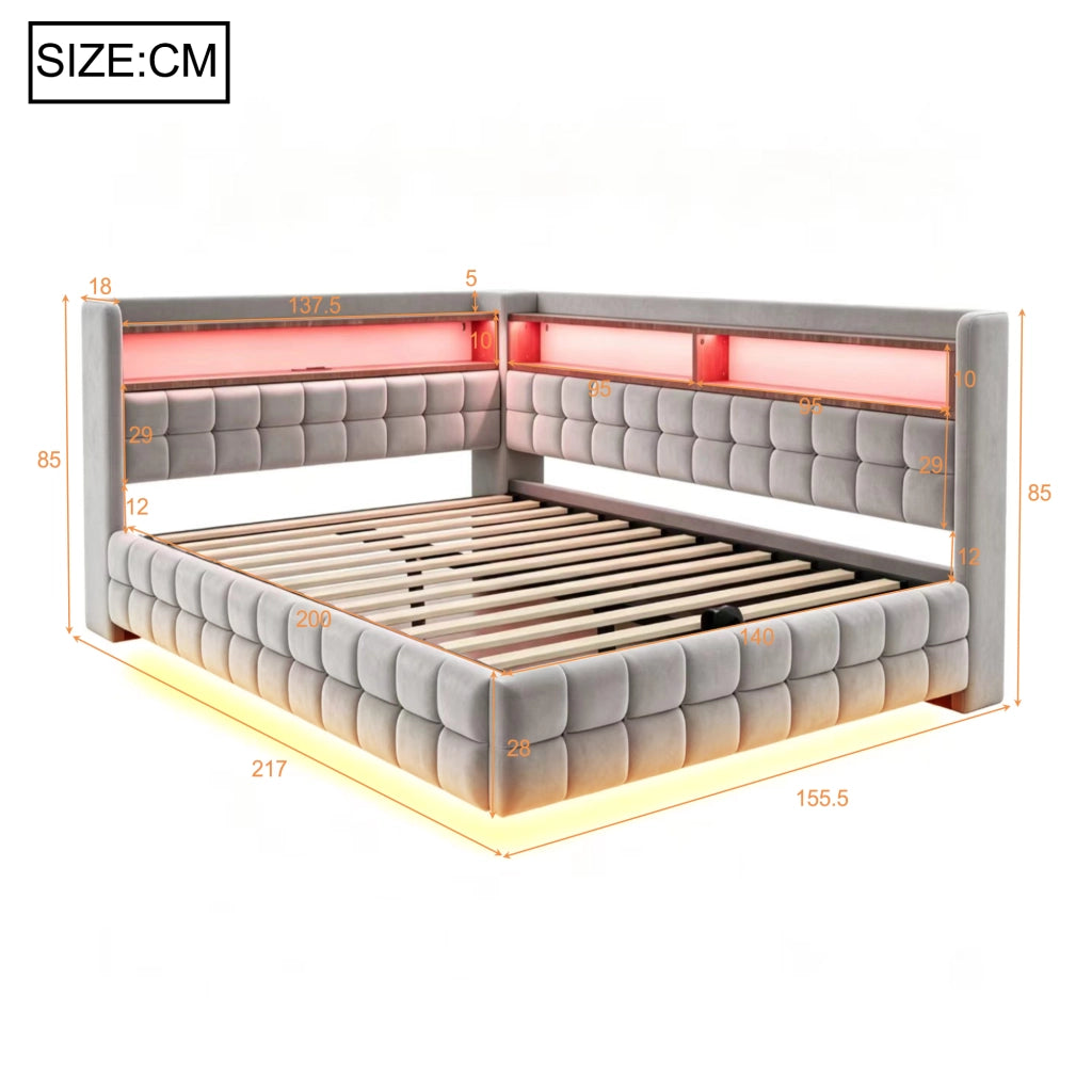 LETTO Divano imbottito 140x200 cm velluto grigio chiaro con contenitore e LED