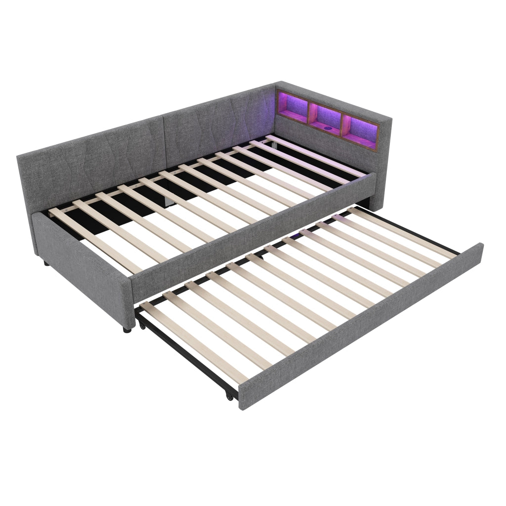 Letto con letto estraibile 90 × 200 cm con vani portaoggetti USB e Type-C luce LED in lino e MDF grigio