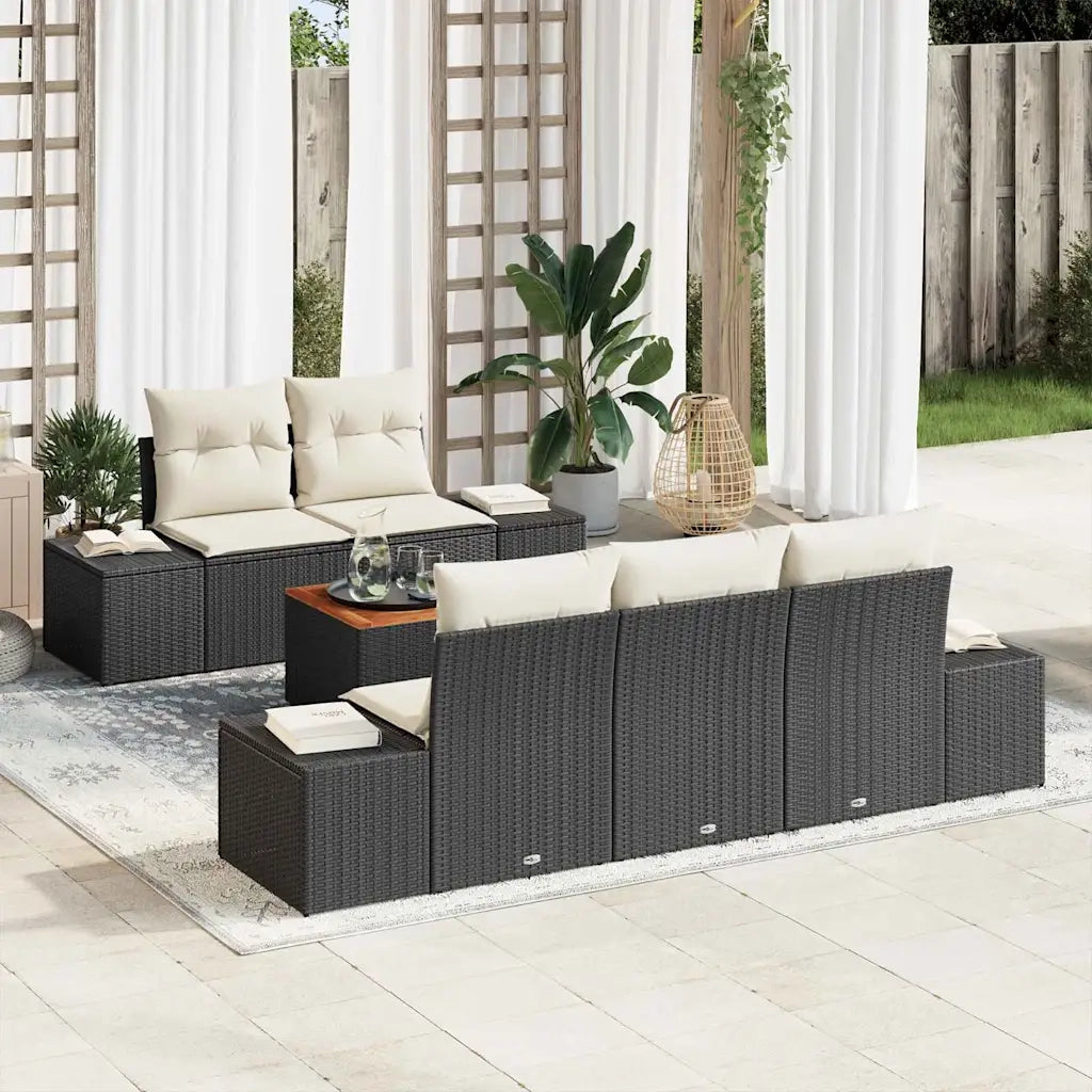 Set Divano da Giardino 6 pcs Nero e Crema polyrattan