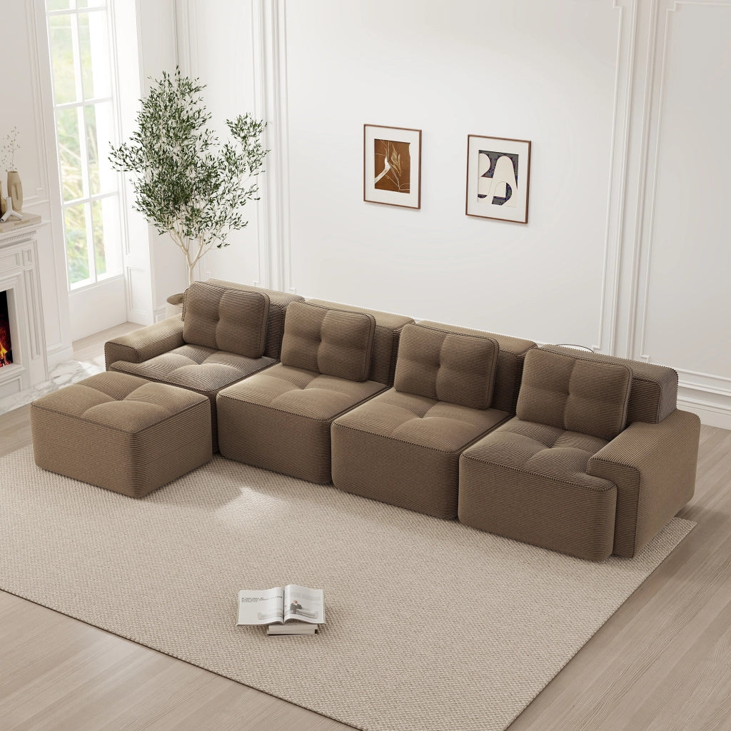 Divano Modulare Chaise Longue 4 Posti ¨C MINIMAL ¨C Velluto a Coste, Marrone