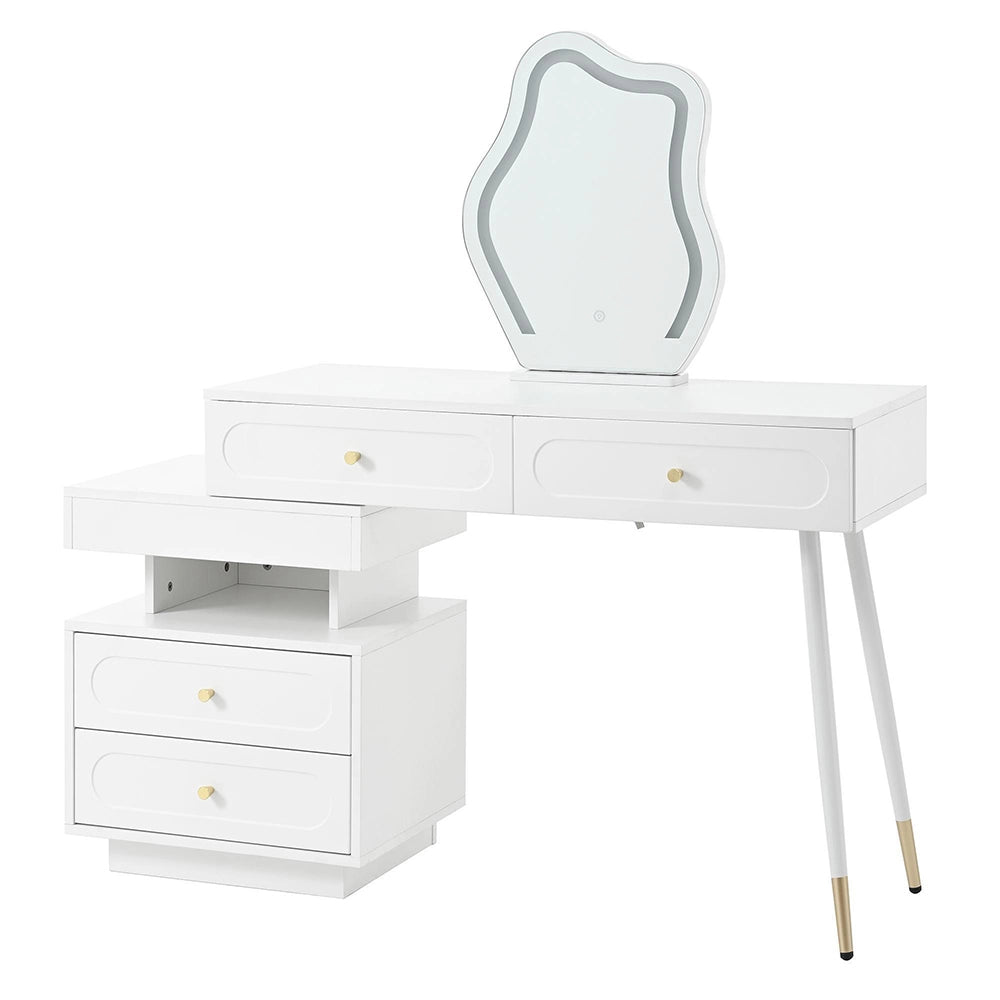Tavolo trucco LED-Xylo-140x40x130cm, 4 cassetti, vano aperto, bianco