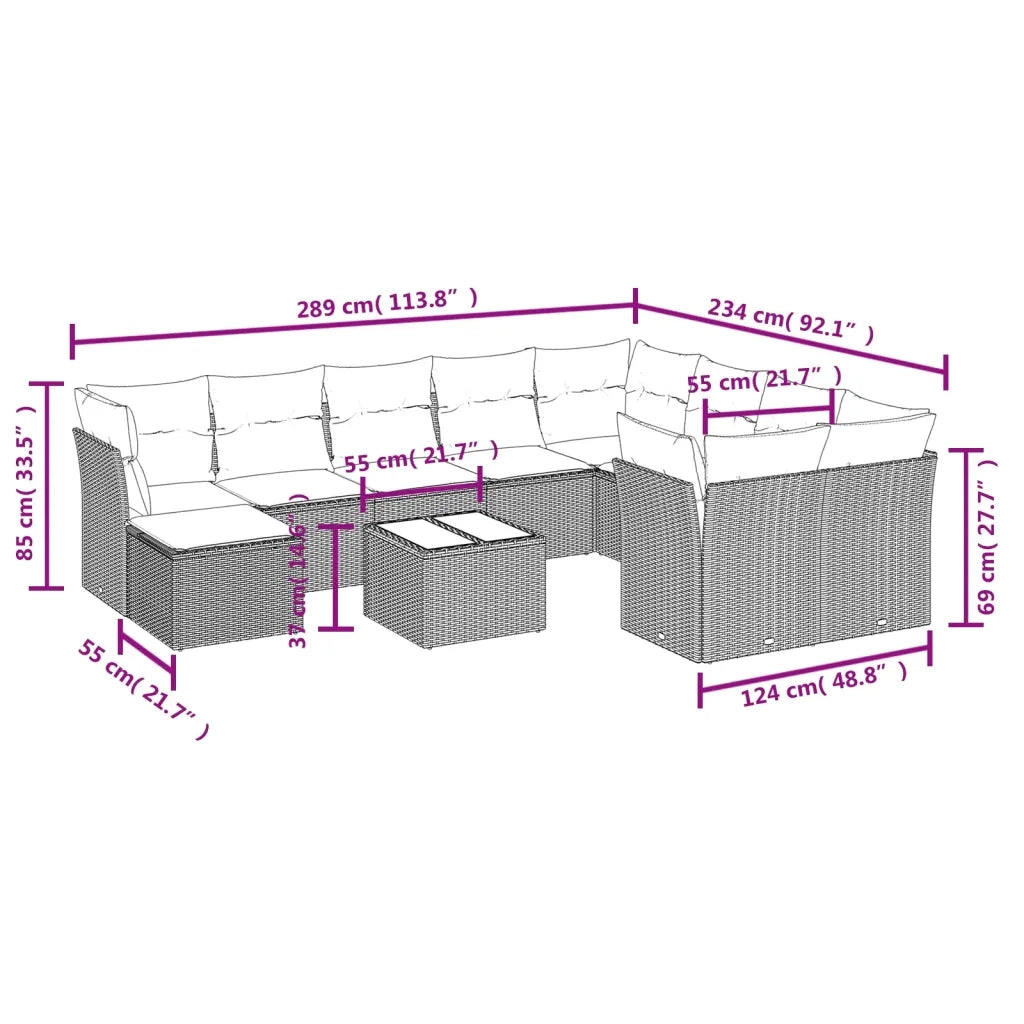 Set Divani da Giardino 11 pz con Cuscini Beige in Polyrattan 3218598