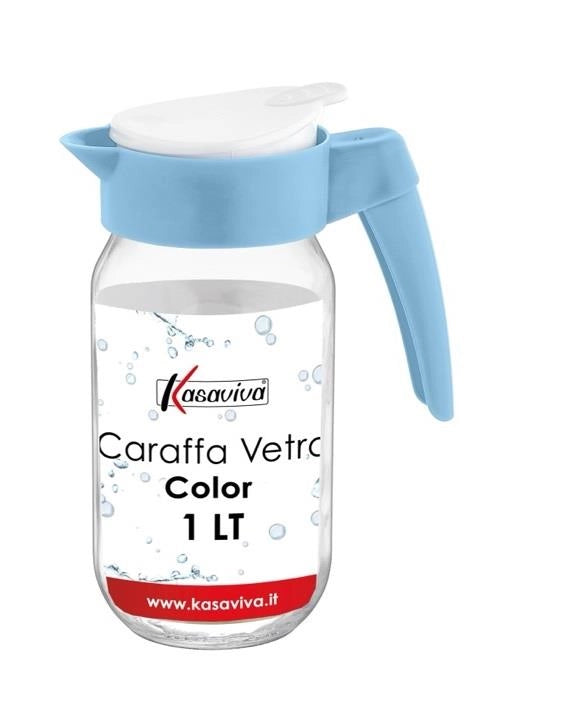 KIT SET 2 PZ CARAFFA IN VETRO TRASPARENTE CON TAPPO COLORATO E CAPIENZA DA 1 LT